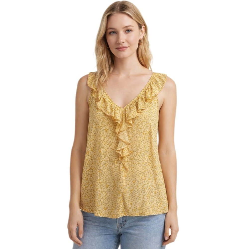 Lauren Conrad Floral Ruffle Tank Top Sleeveless Yellow V Neck Size XS